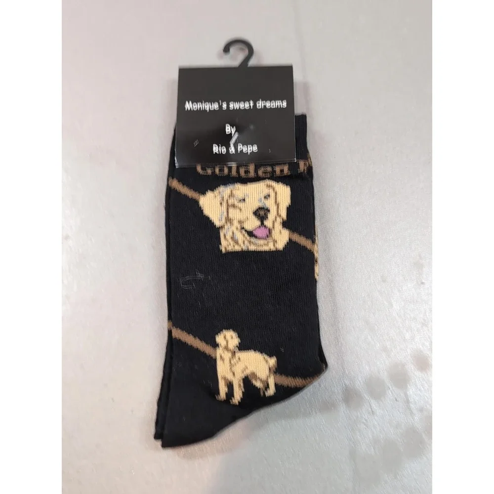 Monique's Sweet Dreams Golden Retriever Dog Socks Black Crew Size 9-11 NWT